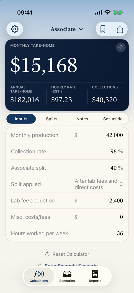DentiPath Finance on iPhone showing a dental associate income estimate with monthly and annual take-home results.