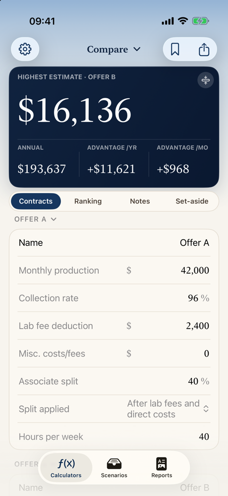 DentiPath Finance on iPhone comparing estimated annual take-home for two dental associate offers.