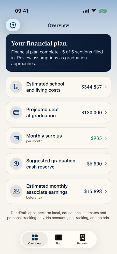 DentiPath Launch on iPhone showing a dental student finance dashboard with tuition, debt, and budget planning.